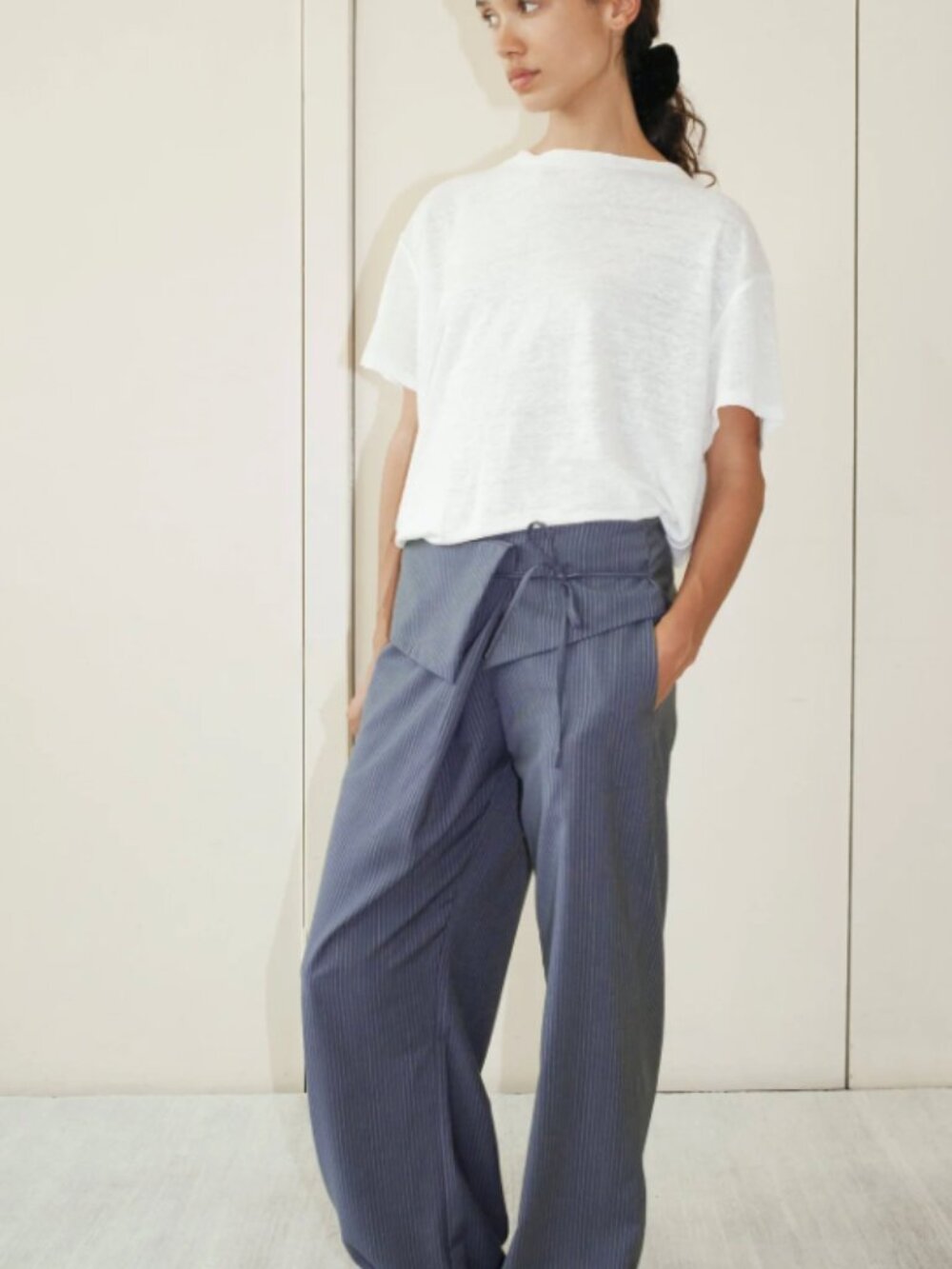 Deiji Studios Folded Wool Pant in Navy Stipe - Size S